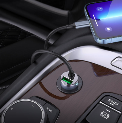 7MD Car Charger With Built-in 20W Lightning Cable & 18W USB Port For Simultaneous Quick Charging #9433