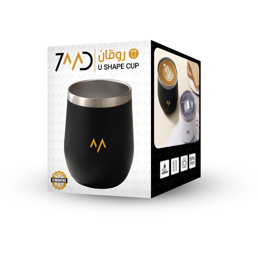 7MD Cup U Shaped, Double-Wall Stainless Steel Unbreakable Drinking Cups, Travel Coffee Mug 360ml With Sliding Lid #10061