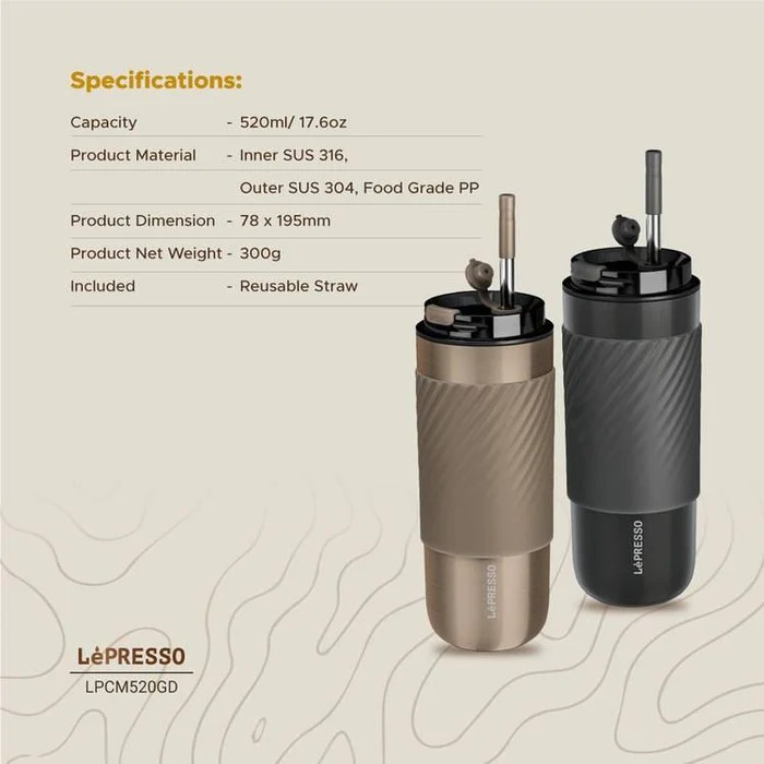 Lepresso Coffee Mug with Sleeve and Straw 520ml