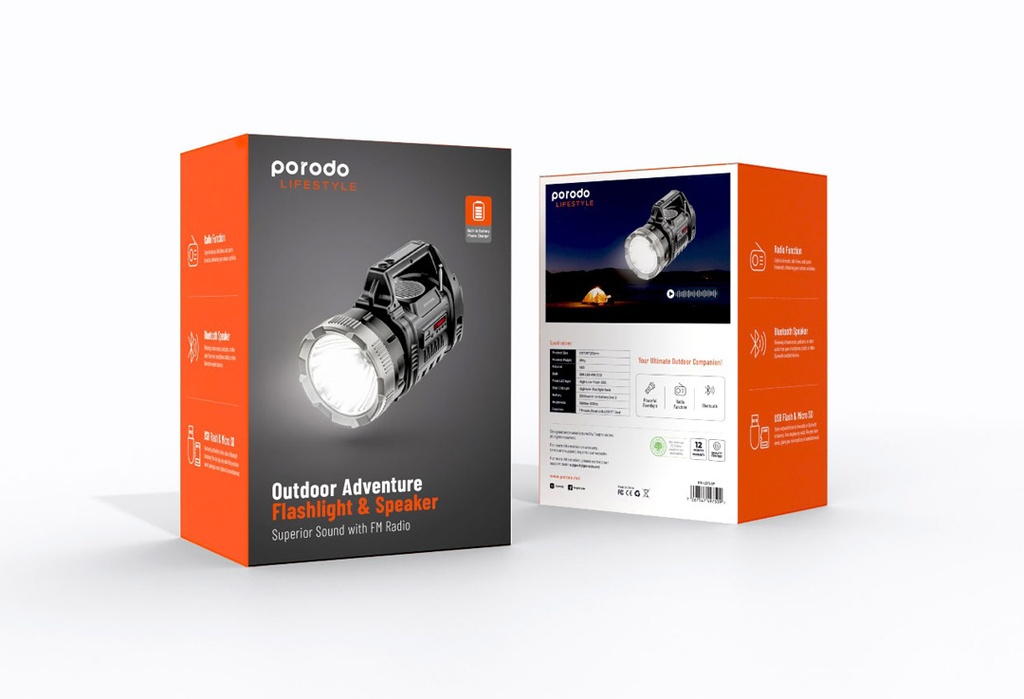 Porodo LifeStyle  Outdoor 10W 3 in 1 Flashlight with FM Radio and Bluetooth Speaker #PD-LSFLSP