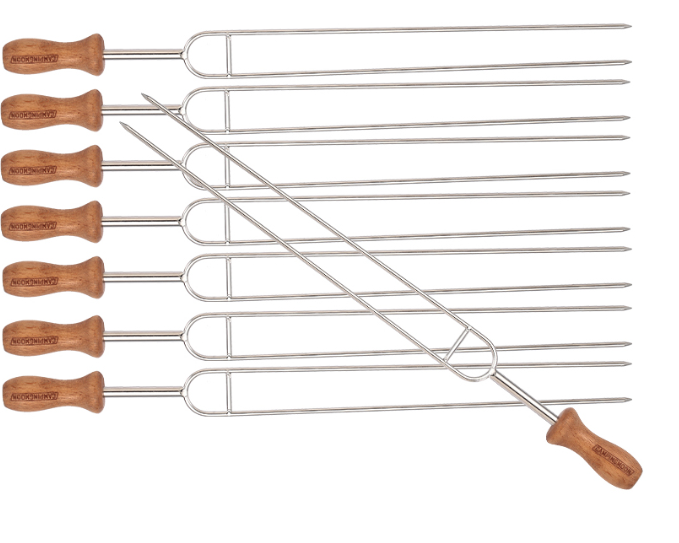  Set Of 8 Pcs Stainless Steel Double Prong BBQ Skewer with Wood Handle and Storage Bag #MK-8