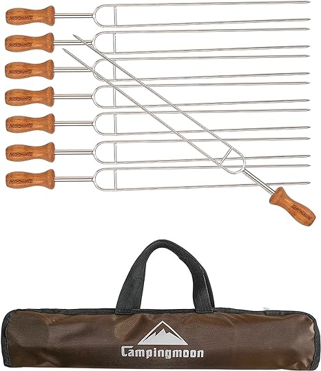  Set Of 8 Pcs Stainless Steel Double Prong BBQ Skewer with Wood Handle and Storage Bag #MK-8