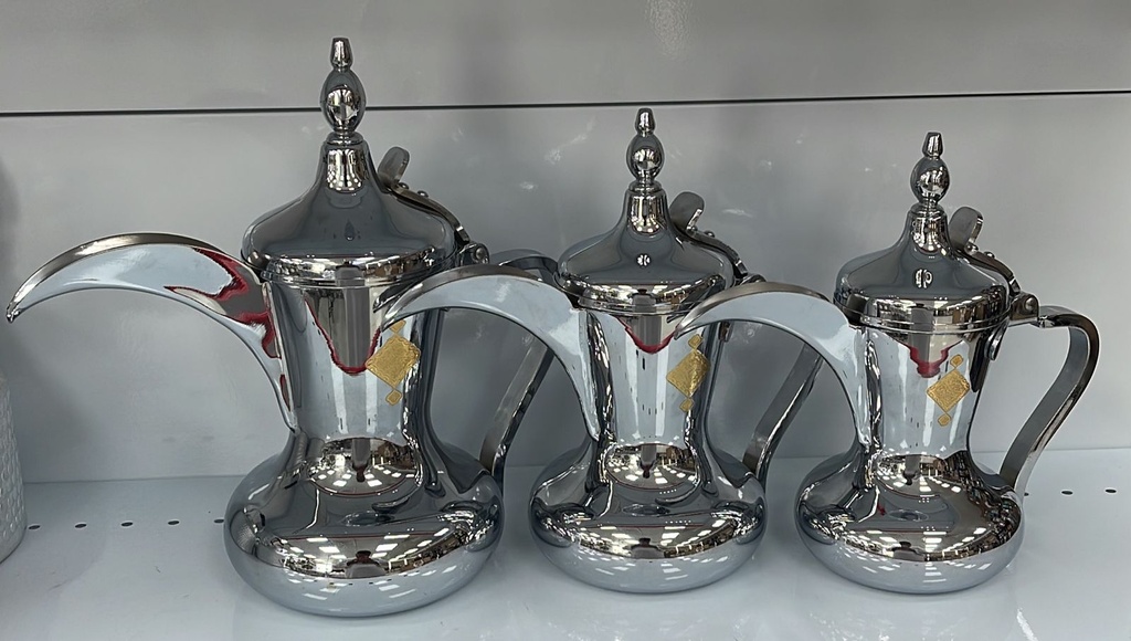 Al Saif 3 Pieces Stainless Steel Arabic Coffee Dallah Set, 26/32/48 OZ, Silver #5657-G1-SG3