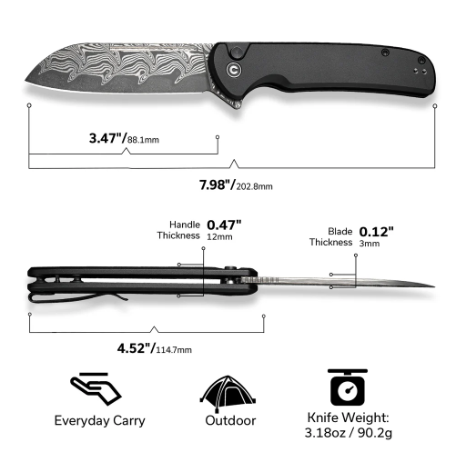 CIVIVI KNIVES CHEVALIER II BUTTON LOCK DAMASCUS #C20022B-DS1