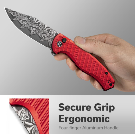 CIVIVI KNIVES STORMHOWL BUTTON LOCK DAMASCUS ,RED ALUMINUM HANDLE #C23040B-DS1