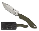 Spyderco Sjoerd Stok Bowie Fixed Blade Knife Satin Plain Blade OD Green G10 Handles Boltaron Sheath #FB49GPOD