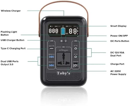 Toby's Wireless Charger 60A Power Station Lithium Battery 60000mAh Portable Power Station 222WH Capacity Maximum Output 260W, ABS Housing Material