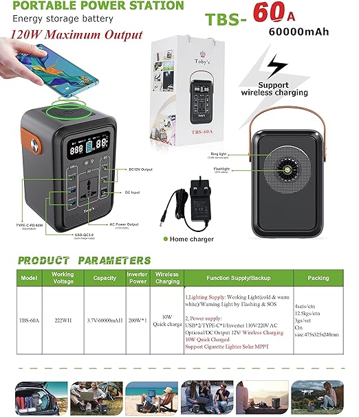 Toby's Wireless Charger 60A Power Station Lithium Battery 60000mAh Portable Power Station 222WH Capacity Maximum Output 260W, ABS Housing Material