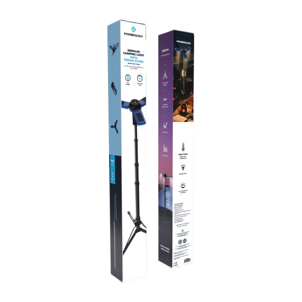 Powerology Camping Solar Foldable Tripod LED Light IPX4 3.7V 2600mAh #PWCSFTLDL
