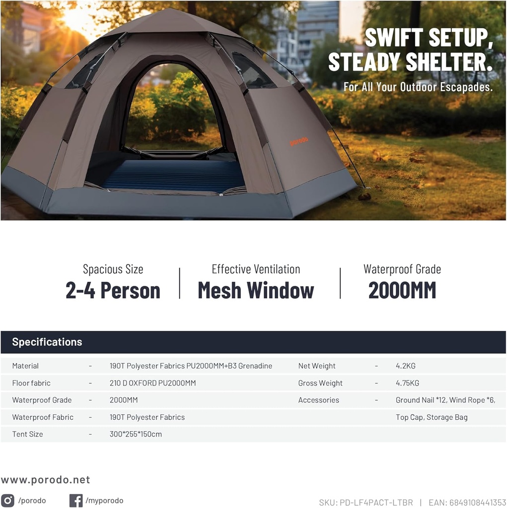 Porodo  Lifestyle 4 Person Easy PopUp Automatic Camping Tent 2000MM #PD-LF4PACT-LTBR