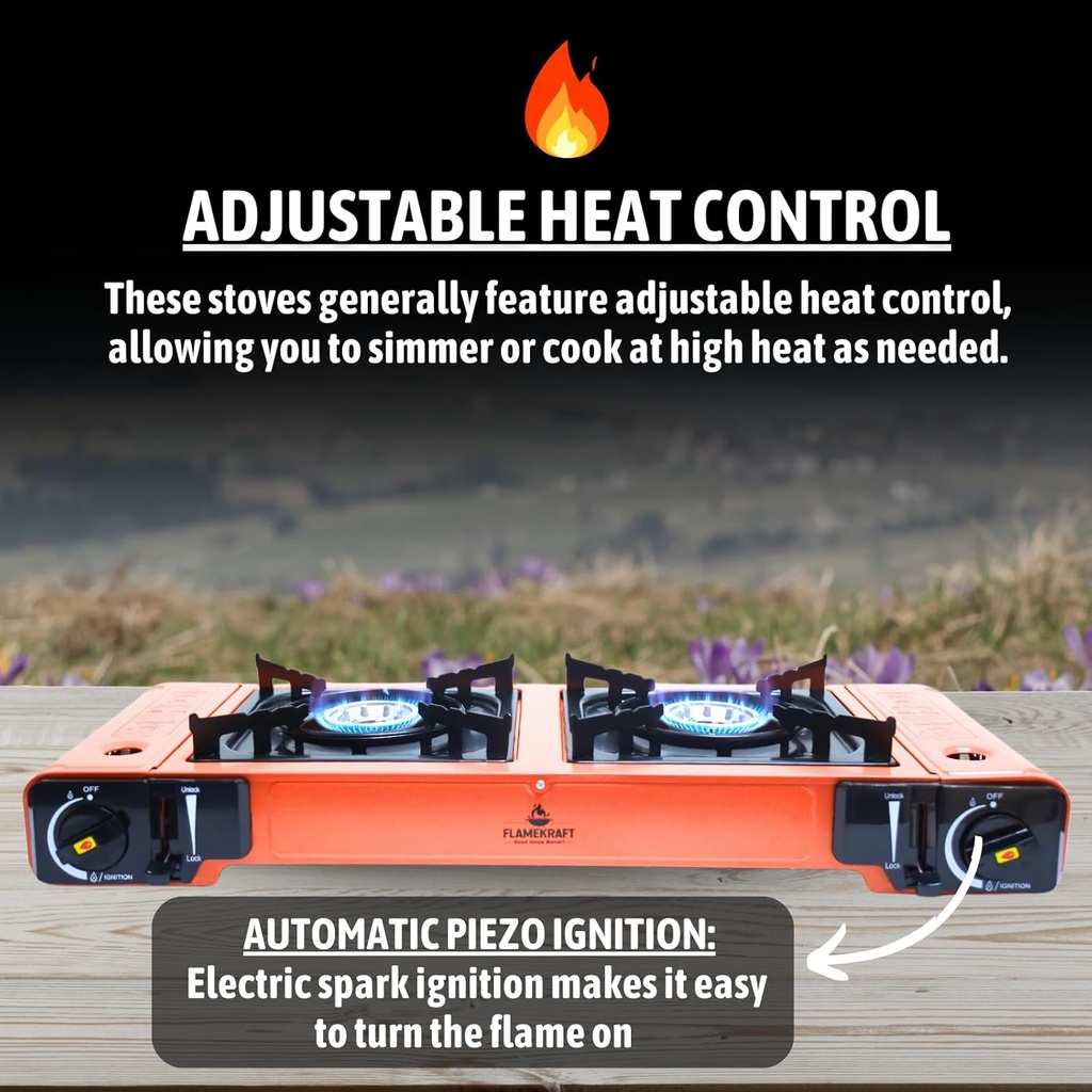 FLAMEKRAFT PORTABLE DOUBLE BURNER GAS STOVE  WITH BACK COVER