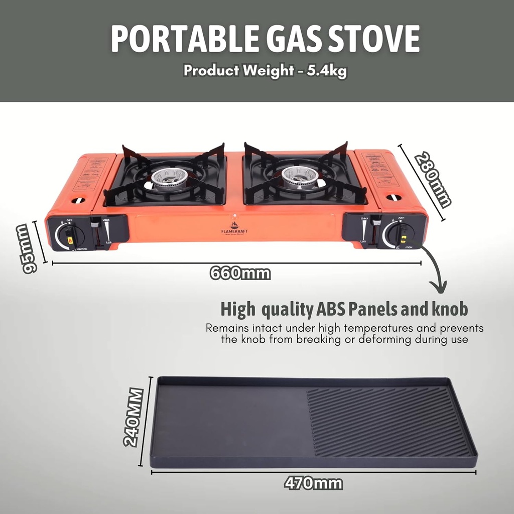 FLAMEKRAFT PORTABLE DOUBLE BURNER GAS STOVE  WITH BACK COVER