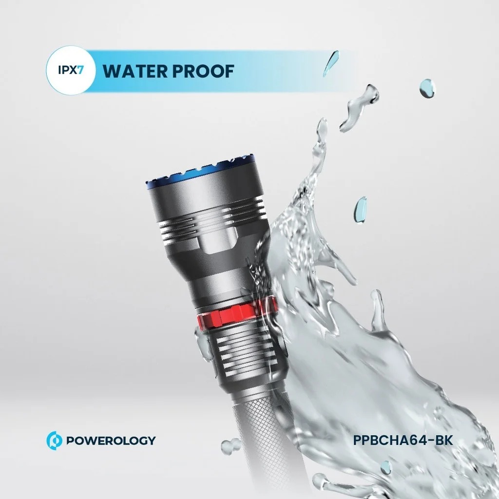 Powerology  1000LM/900M Rechargeable LED Flash Light #PPBCHA64-BK