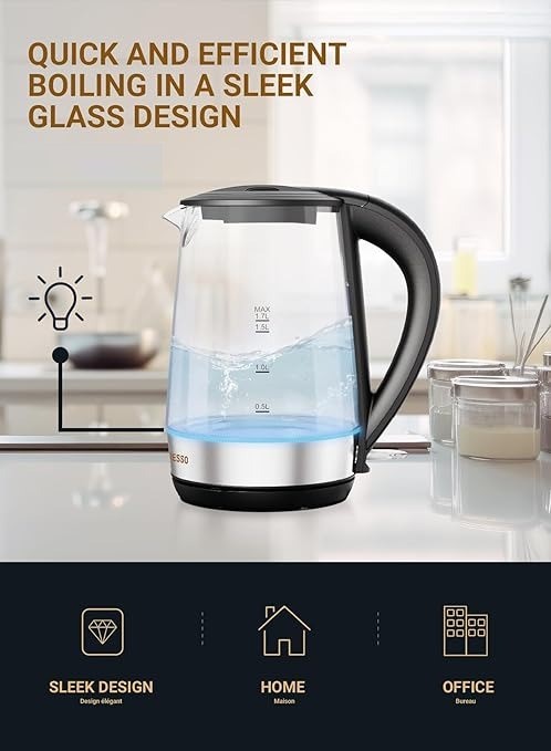 7MD Electric Kettle Transparent Glass 1.7 Liter Fast Boil LED Light 2200W Corded Water Boiler #11716