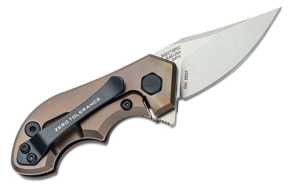 ZT Folding Knife Tim Galyean Flipper Knife CPM-20CV Stonewashed Blade, Bronze Titanium Handles #ZT0022TIBRZ