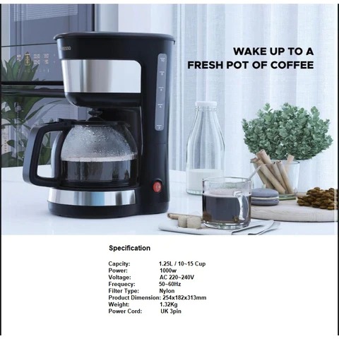 LePresso Drip Coffee Maker with Glass Carafe 1.25L 1000W - Black