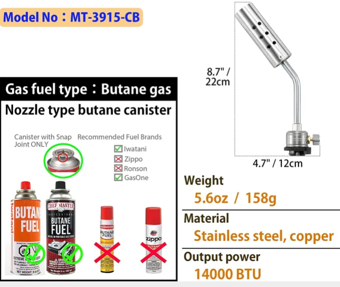 Butane Torch High Power Camping Kitchen Cooking Flame Adjustable #MT-3915-CB