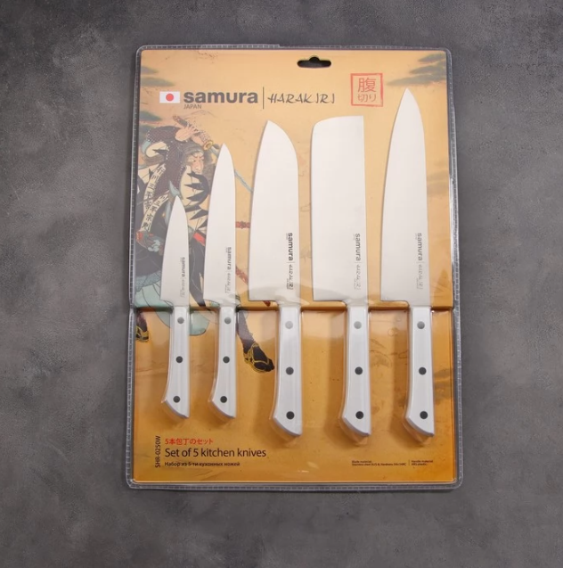 Samura HARAKIRI Set of 5 kitchen knives WITH WHITE HANDLES Paring, Utility, Nakiri, Santoku, Chef's knife #SHR-0250AW