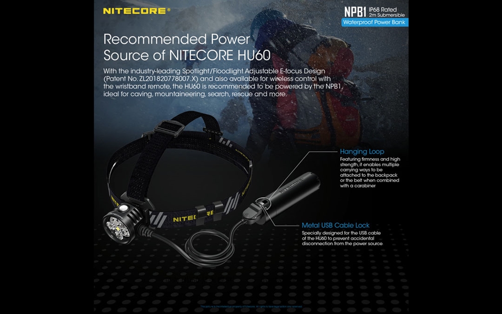 Nitecore HU60+NPB1 1600 Lumen Focusable Rechargeable Headlamp with powerbank 5000mah