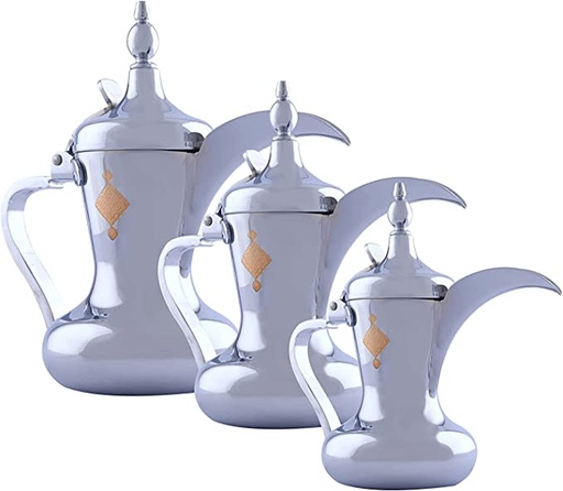 [05114] Al Saif 3 Pieces Stainless Steel Arabic Coffee Dallah Set, 26/32/48 OZ, Silver #5657-G1-SG3
