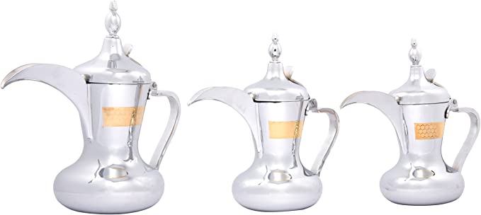 Al Saif 3 Pieces Stainless Steel Arabic Coffee Dallah Set, 26/32/48 OZ, Silver #5657-SG3