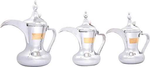 [05115] Al Saif 3 Pieces Stainless Steel Arabic Coffee Dallah Set, 26/32/48 OZ, Silver #5657-SG3