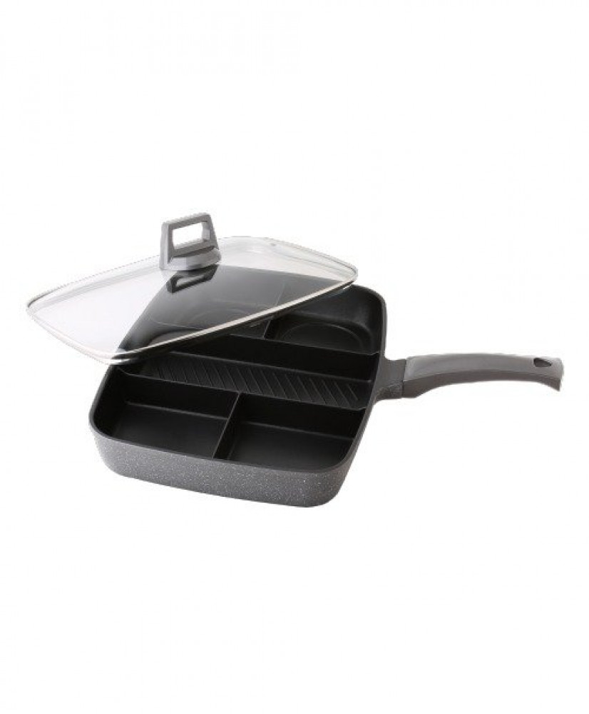 Smart Frying Pan with a Glass Lid from Alsaif , size 38 cm, Divided into 5 Parts. Gray Granite Rectangle #91246-RT