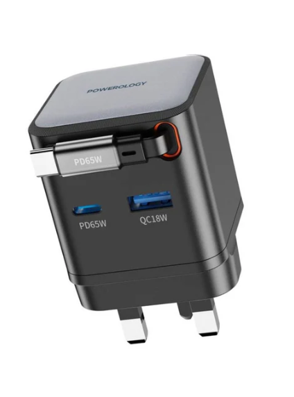 Powerology GAN PD65W Dual-Port Charger + Cable Charger with Retractable Cable