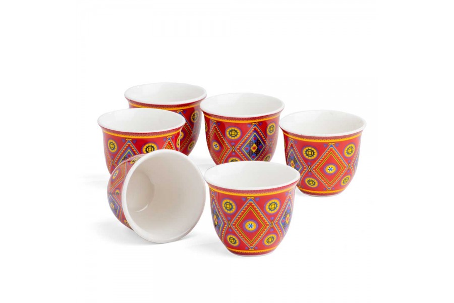 [01360] Gahwa Cup Set of 6 Pieces Najdi Red Pattern from Al Rimaya #22-3351 