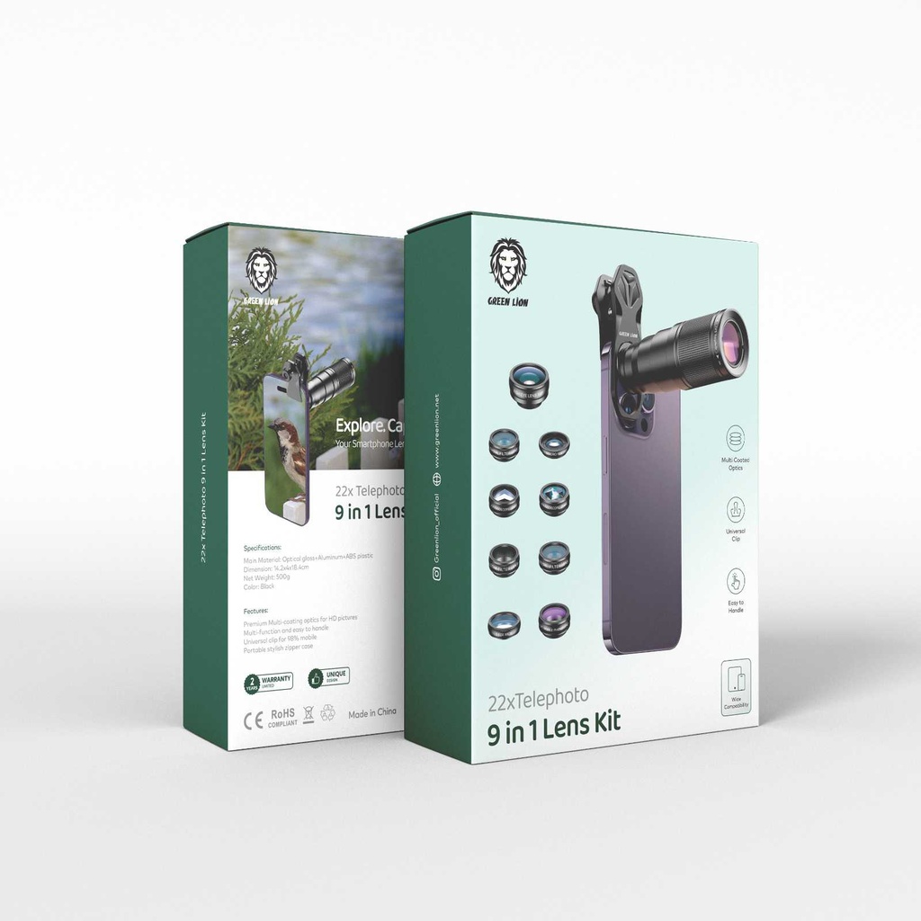 [06160] Green Lion 9 in 1 Lens Kit 22x Telephoto - Black #GN9IN1LNSKTBK