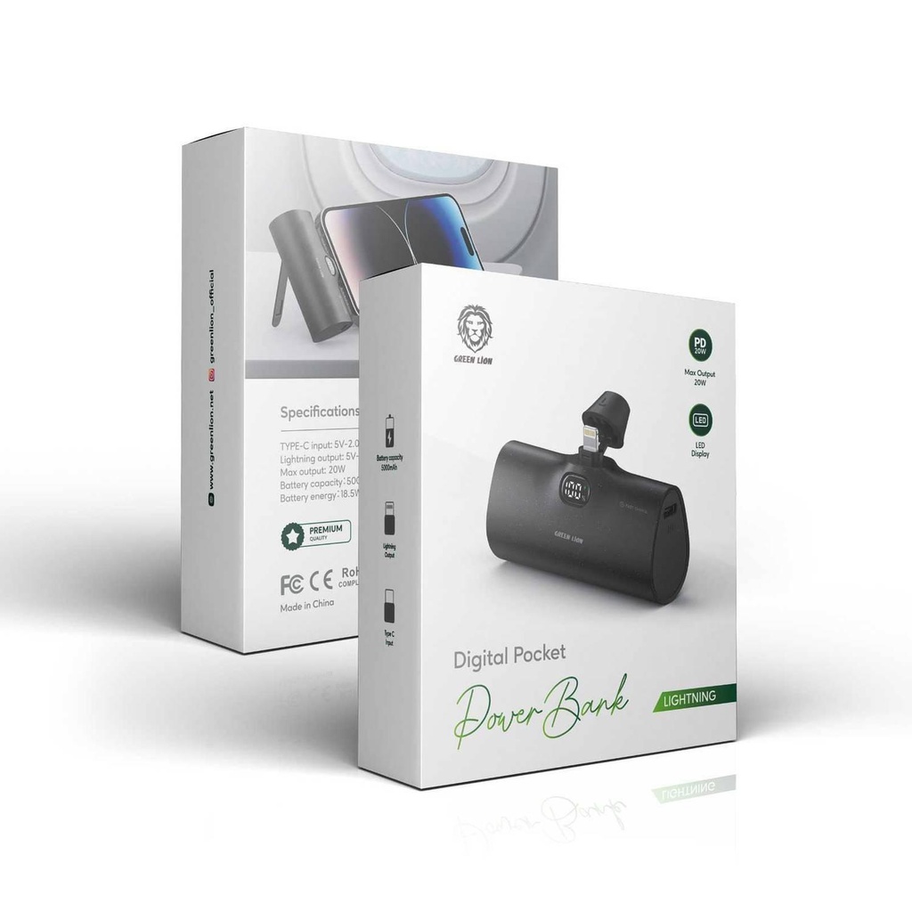 [06168] Green Lion Digital Pocket Power Bank 5000mAh PD 20W with Lightning Connector - Black #GNDPPB5KLTGBK