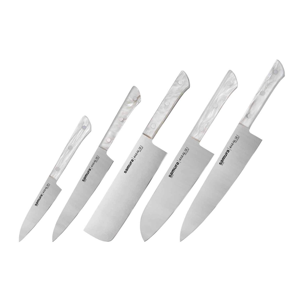 [07098] Samura HARAKIRI Set of 5 kitchen knives WITH WHITE HANDLES Paring, Utility, Nakiri, Santoku, Chef's knife #SHR-0250AW