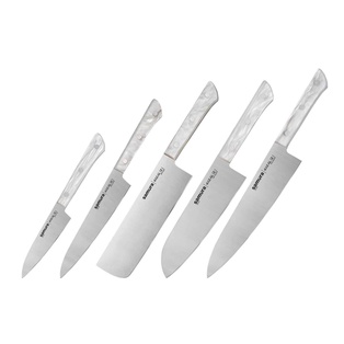 Samura HARAKIRI Set of 5 kitchen knives WITH WHITE HANDLES Paring, Utility, Nakiri, Santoku, Chef's knife #SHR-0250AW