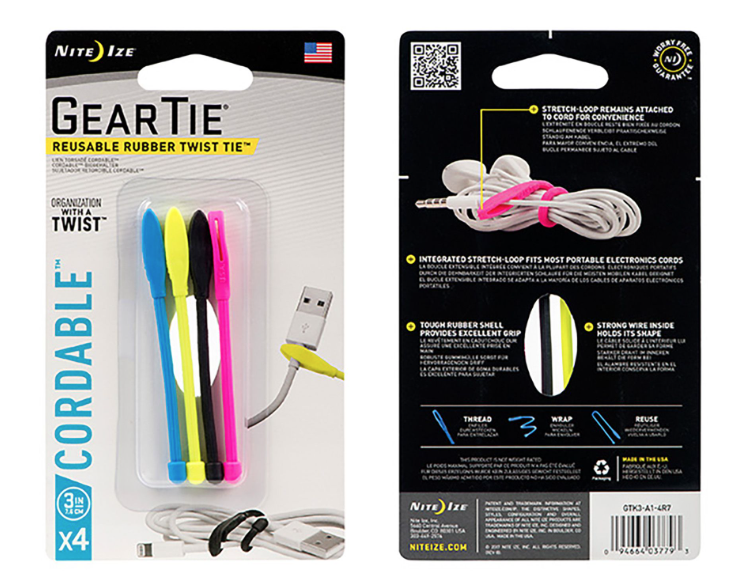 [07475] Nite Ize Gear Tie® Cordable™ Twist Tie 3 in. - 4 Pack - Assorted #GTK3I-A1-4R7
