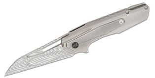 WE Falcaria Polished Bead Blasted Titanium Handle With Polished Gray Titanium Inlay Fafnir Damasteel Blade #WE23012B-DS1
